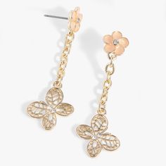 Layer on a peachy state of mind with the beautiful Filigree Butterfly Drop Earrings. These dangling earrings feature a crystal-centered, translucent peach epoxy flower stud with an intricately detailed filigree butterfly at the end of a shiny gold chain. Rose Gold Metal Drop Flower Earrings, Rose Gold Metal Drop Earrings, Rose Gold Metal Earrings For Spring, Elegant Spring Butterfly Jewelry, Elegant Metal Earrings With Butterfly Charm, Spring Gold Jewelry With Butterfly Charm, Spring Pierced Drop Earrings, Filigree Flower Earrings, Spring Rose Gold Metal Flower Earrings