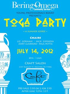 a blue and white poster with two vases on the front, one is for tea party