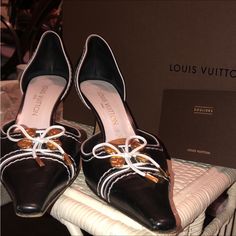 Authentic Louis Vuitton Monogram Kitten Heels. Beautiful Black Kitten Heels, White Leather Laces On Toes With 4 Lv Logos On Each Shoe. Excellent Preowned Condition. Size 39.5/9. Come With Original Box, Lv Souliers Booklet, And Authentication Certificate, Black Kitten Heels, Heels White, Black Kitten, Kitten Heel, Authentic Louis Vuitton, Leather And Lace, White Leather, Louis Vuitton Monogram, Kitten Heels