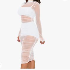 Very Sexy White 3-Piece Midi Dress Set. Mock Neck With Long Sleeves That Has Thumb Holes. Body Hugging, Side Ruching Allows You To Show Off Your Curves. White Available Only. Polyester & Spandex Set Includes: -Mesh Midi Dress -Bra Top -Body-Con Shorts Mesh Dress Can Also Be Worn As A Swimsuit Coverup. Sheer Stretch Mesh Dress In Flirty Style, White Mesh Dress For Summer Night Out, Flirty Sheer Mesh Dress With Stretch, Flirty Sheer Mesh Stretch Dress, Flirty Sheer Stretch Mesh Dress, White Fitted Mesh Dress For Spring, Summer Bodycon Dress With Sheer Sleeves, White Stretch Mesh Dress For Party, Chic Fitted White Mesh Dress