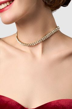 This sumptuous piece of jewelry features a retro-elegant yet slightly modern style that complements the lavish garments, reminiscent of the roaring 1920s. Features: High quality rhinestones Shimmering zircon studded Double-layer design Size: Length: 5 inch (Extension chain included) / 49.5 cm Gold Jeweled Rhinestone Choker Necklace, Vintage Rhinestone Choker For Formal Occasions, Flapper Jewelry 1920s Necklaces, Formal Metal Rhinestone Choker, 1920 Accessories, Formal Vintage Rhinestone Choker Necklace, Roaring 20s Jewelry, 20s Jewelry, Roaring 1920s