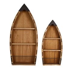 two wooden canoes sitting side by side on a white background, one is made out of wood