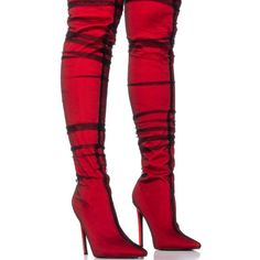 This Season’s “It Shoe” Is The Azalea Wang Transparent Illusions " Red Tulle Covered Boot. The Iconic Thigh High Boot Gets A Modern Upgrade With A Tulle Mesh Overlay, A Stretch Textile Base, And A Pointed Toe Silhouette. Complete With An Elasticated Shaft For A Secure Fit, A Pull-On Fit And A Slim Stiletto Heel. Style With Your Best Little Black Dress For A Stunning Look. - Textile Upper - Thigh High Shaft - Stiletto Heel - Pointed Toe - 21” Shaft Height - 5” Heel Height - 10” Calf Circumference Winter Party Heels With Red Sole, Red Evening Heels For Fall, Red Sole Heels For Night Out In Fall, Red Glamorous Boots, Glamorous Red Boots, Glamorous Red Fitted Boots, Red High Heel Party Boots, Elegant Spring Boots With Red Sole, Fitted Red Heels For Winter