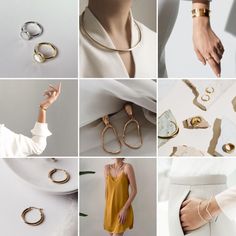 a collage of photos with different types of jewelry and accessories on them, including gold rings