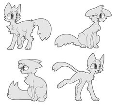 four different poses of an animal with eyes and tail, one in the process of drawing