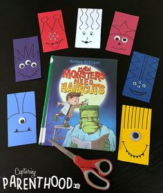 children's book about monsters and their haircuts on a table with scissors