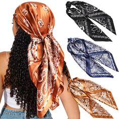 PRICES MAY VARY. 【PACKAGE & SIZE】Each pack includes 3 satin large hair scarves, enough for you to apply and change the wash, or you can share with your mom, sister or friend. 35*35 inches/90*90 cm silk hair scarf is big enough to wrap your hair at night and during the day. 【PERFECT FASHION ACCESSORY】Satin head scarf is decorated with colorful prints on a satin background for vibrant colors. square hair scarf can be used as a headband, hair wrap, shawl, scarf, turban.Square scarves can be worn ar Hair Kerchief, Satin Head Scarf, Silk Head Wrap, Kerchief Hair, Hair Scarves, Tortoise Hair, Ladies Head Scarf, Michael Kors Scarf, Hair Wrap Scarf