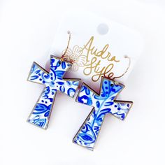 Cross Dangle Earring- Blue and White Floral Print – Audra Style Handmade Artisan Blue Earrings, Artisan Handmade Blue Earrings, Artisan Blue Earrings, Artisan Blue Drop Earrings, Artistic Blue Earrings As Gift, Artistic Hand-painted Blue Earrings, Artistic Blue Earrings With Ear Wire, Artisan Blue Nickel-free Earrings, Unique Hand Painted Blue Earrings