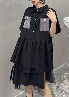 Women Black Patchwork Asymmetrical Design Tulle Dresses Summer - SooLinen Tulle Dresses, Dresses Summer, Loose Blouse, Summer Fabrics, Asymmetrical Design, Knitted Tank Top, Nike Outfits, Knit Tanks, Striped Knit