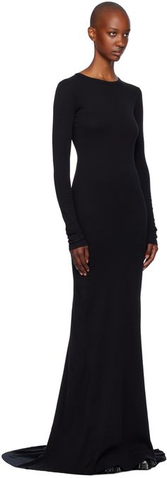 Cotton jersey maxi dress. · Rib-knit crewneck · Raw edge at flared hem · Extended train at back hem Supplier color: Black Evening Black Dress, Long Sleeve Black Maxi Dress, Long Sleeve Cocktail Dress, Black Bridesmaid Dresses, Maxi Jersey Dress, Black Evening Dresses, Maxi Robes, Sleeve Maxi Dress, Long Black Dress