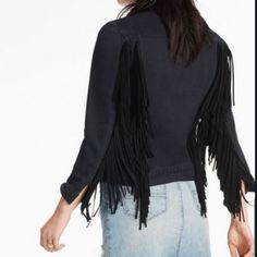 Lucky Brande Jean Jacket With Leather Fringe, No Tag But Never Worn/ Size S Black Fringe Outerwear, Black Fringe Outerwear For Fall, Black Fringe Long Sleeve Outerwear, Chic Fringe Outerwear For Work, Chic Black Outerwear With Fringe, Chic Leather Jacket With Fringe And Long Sleeves, Chic Leather Jacket With Fringe, Chic Long Sleeve Leather Jacket With Fringe, Chic Long-sleeve Leather Jacket With Fringe