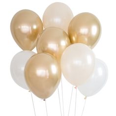 a bunch of white and gold balloons are in the shape of a ballon on a stick