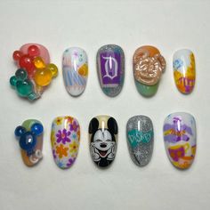 a little retro disney 🎢🐭💕🎈 @southtxnailsupply code REALHOT10 - 3D Clay - Cherry Bomb, Cyberwave, Aqua Surge, and Lemon Burst Jelly Sculpts @functionofvex code HOTGURL - Fineprint art gel in Bone - Groove, Power, and Passion Aura Melt palettes #disney #disneynails #3dnails #3dnailart #mickeymouse #nailart #nailsnailsnails #nailsofinstagram #pressonnails #thepressoncollective #roundnails #shortnails Pixar Nails, Disneyland Nails, Kawaii Nail Art, Retro Disney, Round Nails, Cherry Bomb, Disney Nails, Kawaii Nails, 3d Nail Art