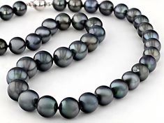 9-11mm Platinum Cultured Tahitian Pearl Rhodium Over 14k White Gold Necklace Classic Round Tahitian Pearl Necklaces, Classic Tahitian Pearl Round Necklaces, Tahitian Pearl Necklace In White Gold, Classic Tahitian Pearl Necklace For Anniversary, Tahitian Pearl Necklaces For Anniversary, Round Tahitian Pearl Jewelry With High Luster, Tahitian Pearl Jewelry With High Luster, White Gold Necklace, White Gold Necklaces