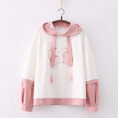 Colorblock Bunny Sakura Print Loose Hoodie Kawaii Hoodie, Harajuku Hoodie, Bunny Hoodie, Hoodie Cartoon, Rabbit Rabbit, Kawaii Bunny, Loose Hoodie, Hoodie Cozy, Rabbit Print