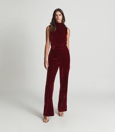 Red Velvet Jumpsuit, Reiss Women, Elegant Party Dresses, High Neck Sleeveless, Red Jumpsuit, Tailored Blazer, Wide Leg Jumpsuit