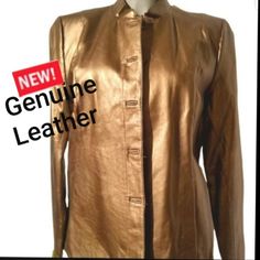 New With Tags Bronze Genuine Leather Coat. Beautiful Style Soft Leather You Will Love This Coat. Classic Gold Business Outerwear, Elegant Brown Leather Jacket With Button Closure, Gold Outerwear For Business In Fall, Gold Business Outerwear For Fall, Elegant Brown Leather Jacket For Spring, Classic Gold Outerwear For Spring, Burgundy Leather Jacket, Suede Trench Coat, Tan Leather Jackets