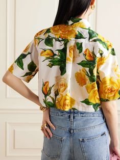 Designer Summer Printed Blouse, Designer Floral Print Summer Shirt, Designer Summer Floral Print Shirt, Designer Summer Blouse With Relaxed Fit, Designer Summer Blouse In Relaxed Fit, Designer Floral Print Shirt For Spring, Designer Cotton Tops With Floral Print, Designer Printed Tops For Spring, Designer Yellow Summer Tops