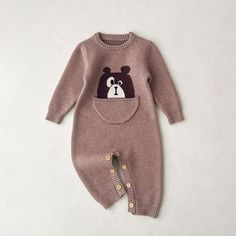 Bear / 0-6M 66cm Baby Knitted Jumpsuit Cotton Casual Winter Onesie With Cartoon Print, Cute Winter Onesie With Cartoon Print, Cute Cartoon Print Onesie For Winter, Cute Brown Cotton Onesie, Cute Cartoon Print Jumpsuits And Rompers For Playtime, Brown Winter Onesie For Playtime, Cute Cartoon Print Onesie For Loungewear, Cute Winter Bodysuit For Playtime, Knitted Jumpsuit