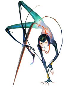 an artistic painting of a woman with long legs and arms bent over her head, holding on to a pole