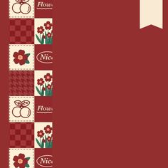 a red and white checkered background with flowers