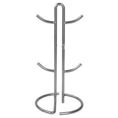 a metal rack with three hooks and two bars on the top, in front of a white background