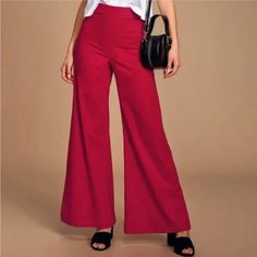 New With Tags! Red Solid Long Pants, Red Solid Color Long Pants, Red Pants For Workwear, Red Wide Leg Bottoms Solid Color, Red Wide Leg Bottoms, Chic Red High Waist Wide Leg Pants, Red High Waist Wide Leg Pants With Pockets, Fitted Red Wide Leg Pants With Pockets, Fitted Red Wide Leg Pants For Spring