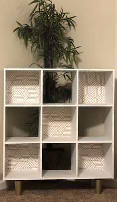 a white bookcase with six shelves and a potted plant