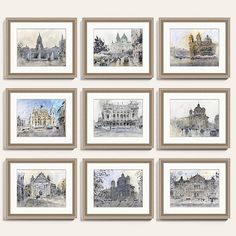 a group of nine framed pictures sitting on top of a wall