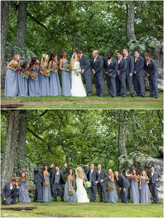 the wedding party is posing for pictures together