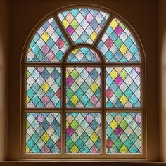 a stained glass window with an arch in the center and two windows on each side