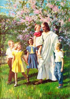 a painting of jesus holding the hands of children in front of a tree with white flowers