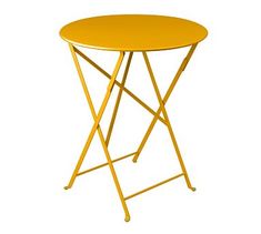 an orange round table with metal legs and a yellow plastic cover on the top, against a white background