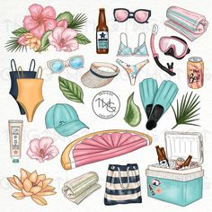 an illustration of various items from the beach