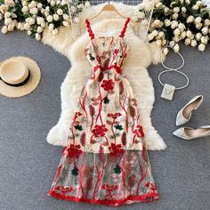 Embroidery Tulle, Summer Midi Dress, Mesh Embroidery, Halter Prom Dresses, Bohemian Maxi Dress, Elegant Dresses For Women, Midi Dress Summer, Red Midi Dress, Fairy Dress