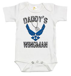 Rapunzie's cute and spirited Baby Onesie with the recognizable American Air Force insignia! Your child will be comfortable and stylish in this onesie because it is made with love from 100% cotton. It's appropriate for all seasons thanks to its basic white color and short sleeves.The eye-catching graphic design on this onesie is its best feature. The iconic United States Air Force logo, which stands for honor, valor, and loyalty, is boldly displayed on the front. The logo's finely crafted element Funny Cotton Fitted Onesie, Cotton Bodysuit With Letter Print For Playtime, Cotton Onesie With Letter Print For Playtime, Father's Day Cotton Onesie With Graphic Print, White Cotton Bodysuit With Character Print, Cotton Onesie For Father's Day, Blue Cotton Onesie With Character Print, Fitted Cotton Onesie With Graphic Print, Casual White Onesie With Character Print