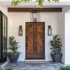 a front door with potted plants and lights