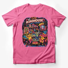 Funky Roadhouse Graphic Tee, Colorful Vintage Style T-Shirt, Retro Diner Fashion, Unisex Clothing, Casual Streetwear, Unique Design Top Male T-Shirt Custom graphic T-Shirt.Customize your color Fun Multicolor Graphic Design Tops, Fun Multicolor Graphic Tops, Fun Pink Top With Graphic Design, Pink Graphic Design Tee Shirt, Diner Fashion, Retro Pre-shrunk Pink Shirt, Retro Pink Pre-shrunk Shirt, Pre-shrunk Pink Retro Shirt, Fun Pink T-shirt With Graphic Design