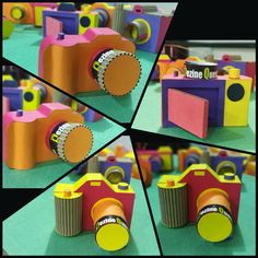 four pictures of different colored toy cameras