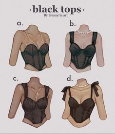 four different types of bras are shown in three different colors and sizes, one is black