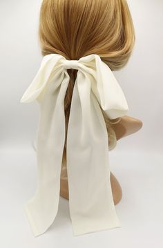 "Very large chiffon hair bow longer tails with droopy style can wear for your special events such as a wedding or other special occasions You can choose black cream white white ( this is pure white) Size of hair bow (Length* Height) : 11.41\"*5.11\"=29 cm* 13 cm length of hair barrette: 3.93\"=10 cm length of tail : 11.56\"=37 cm Click below for the big bows https://www.etsy.com/shop/VeryShine?ref=seller-platform-mcnav&search_query=big%2Bhair%2Bbow&page=3#items -------------------------- Chiffon Hair, Knot Ponytail, Chiffon Bow, Big Hair Bows, Luxury Hair Accessories, Hair Knot, Bow Women, Goddess Hairstyles, French Hair