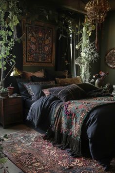 29 Black Boho Bedroom Ideas for Ultimate Elegance Witchy Rustic Decor, Cozy Witch Bedroom, Witch House Bedroom, Earthy Witch Bedroom, Witch Cottage Interior Bedroom, Witchcraft Bedroom Ideas, Garden Witch Bedroom, Dark Cottage Core Room Ideas, How To Create Natural Light In A Room