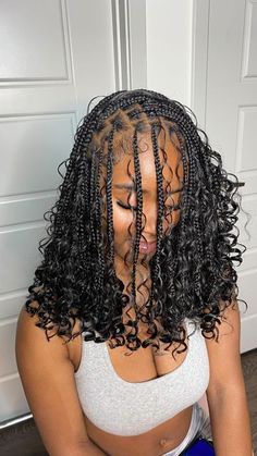 #braids #braidsforblackwomen #knotlessboxbraids Braid Up Down Hairstyles, Cute New Hairstyles Braids, Bra Length Hairstyles, Bora Bora Bob Braids, Medium Knotless Bob With Curls, Boho Knotless Braids Bob Color, Boho Braid Styles Black Women, Bob Length Boho Braids, Brown Boho Bob