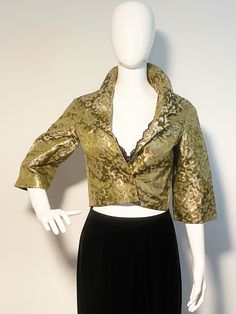 Fall Party Brocade Outerwear, Fitted Brocade Outerwear For Fall, Fitted Gold Silk Outerwear, Fitted Vintage Cropped Jacket, Vintage Fitted Outerwear For Festive Occasions, Festive Fitted Brocade Outerwear, Fitted Vintage Cropped Jacket For Spring, Festive Party Brocade Outerwear, Festive Party Outerwear In Brocade