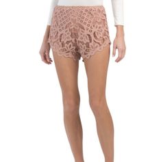 Lace Design. Elastic Waist, Mid Rise Waist, Pull On Fitted Lace Shorts For Vacation, Fitted Lace Shorts For Spring, Casual Pink Lace Bottoms, Free People Adella, Tweed Shorts, Tie Waist Shorts, Gold Shorts, Crochet Shorts, Free People Shorts