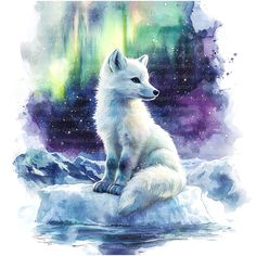 a watercolor painting of a white fox sitting on an ice floet with the northern lights in the background