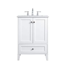 a white bathroom vanity with two sinks and drawers on the front, against a white background