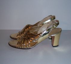 "Vintage Amano gold leather high heeled evening shoes or sandals. Excellent pre-owned condition. No holes, stains, scratches, etc. Comes with original box. Women's size 8 NARROW. Made in the U.S.A. Heel height-3\". Glam!" High Heeled Sandals, Espadrilles Shoes, Strappy High Heels, Box Shoes, Leather High Heels, Evening Shoes, Gold Leather, Heeled Sandals, High Heel Sandals