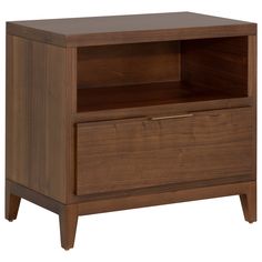 a wooden cabinet with two drawers on one side and an open drawer on the other