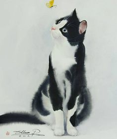 a painting of a black and white cat with a butterfly on it's head